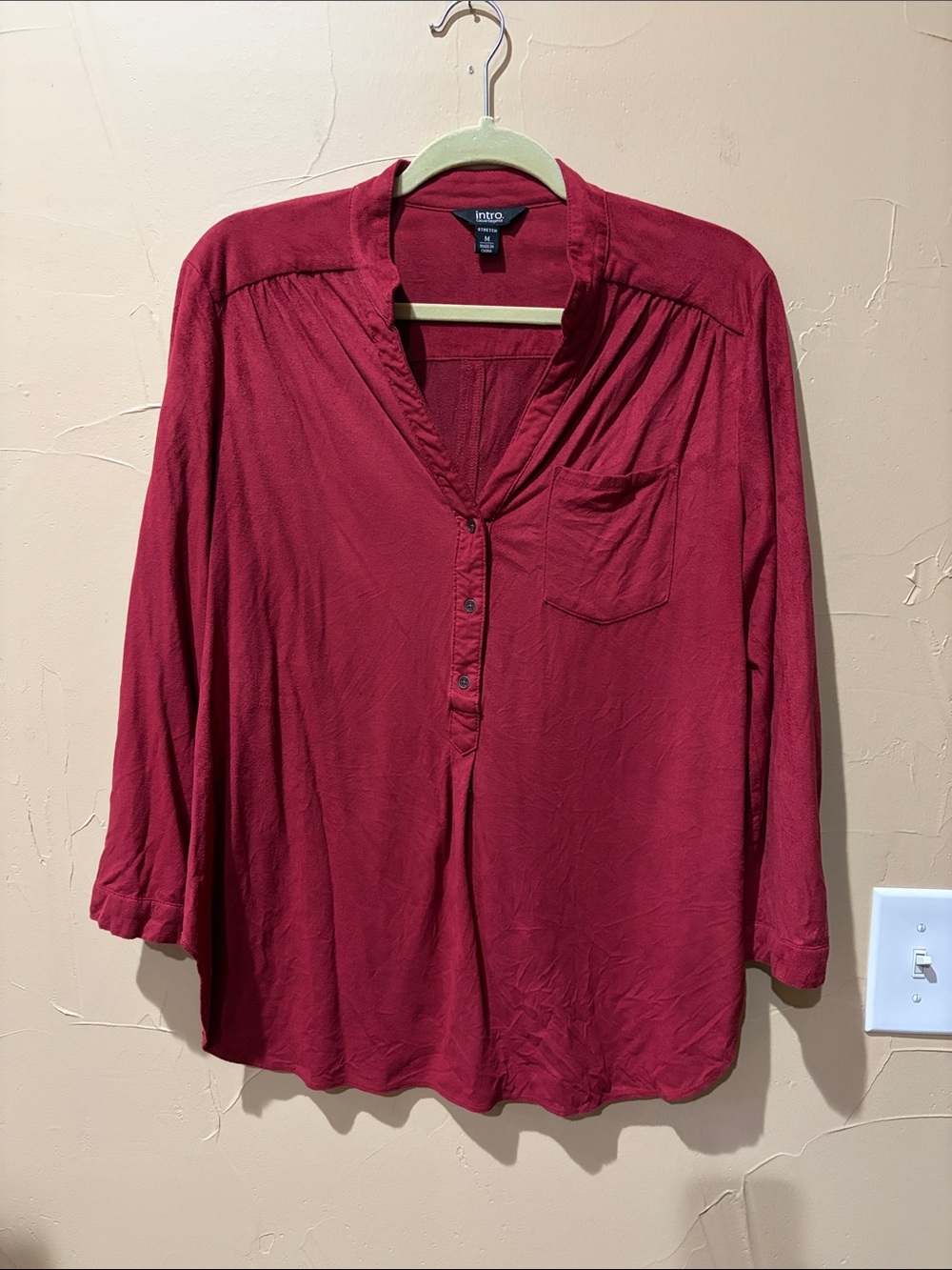 intro. Women's Deep Red Button-Front V-Neck Blouse